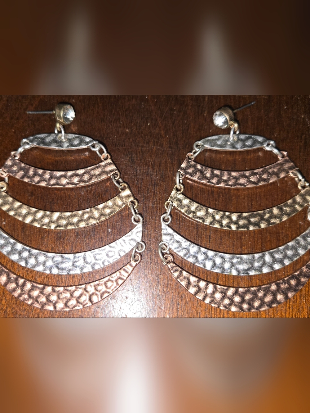 Tri-Tone Hammered Layered Drop Earrings